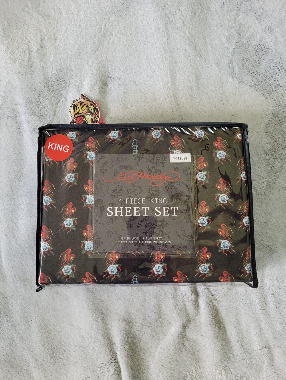 Ed Hardy King Size Bedsheet Set Logo Roses Flames Tattoo Y2K Deep Pocket Sheets